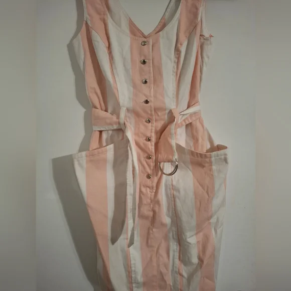 Striped Button Front Sleeveless Dress with Belt - Picture 2 of 8